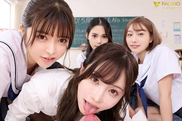 FALENOstar5周年記念！いきなりハーレムハイスクール！スター女優4人が学校で舐めてハメて大乱交スッペシャル！ 天使もえ 吉高寧々 三葉ちはる 善場まみ（茉城まみ） サンプル画像 3