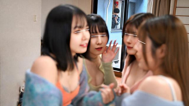 向かい部屋の女子寮の覗きに気付かれて以来、女子大生達が毎日窓越しに誘ってきます。若さゆえの性欲を受け止める花びら回転ハーレムSEX サンプル画像 1